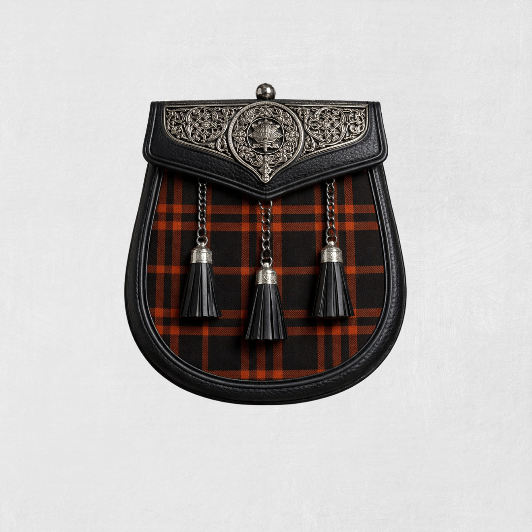 Traditional Scottish sporran with tartan pattern and decorative elements on a light gray background