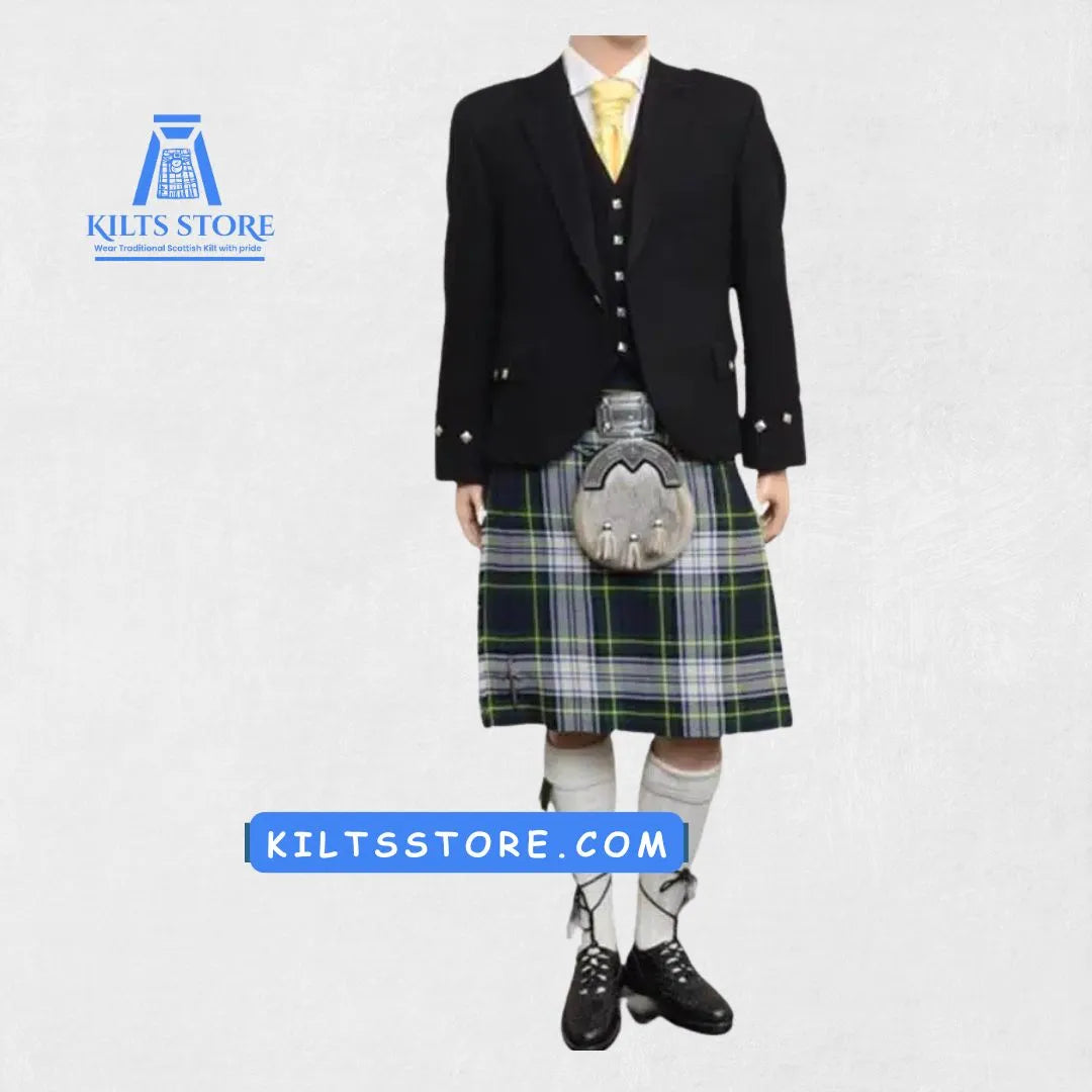 Front view of the Scottish Black Argyle Wedding Kilt Outfit, showcasing the stylish black argyle jacket, matching kilt, and vest for a refined and sophisticated wedding look.