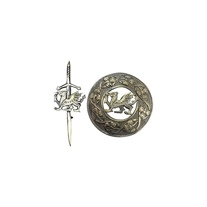 Scottish Rampant Lion brooch and matching antique kilt pin set in silver finish for Highland wear
