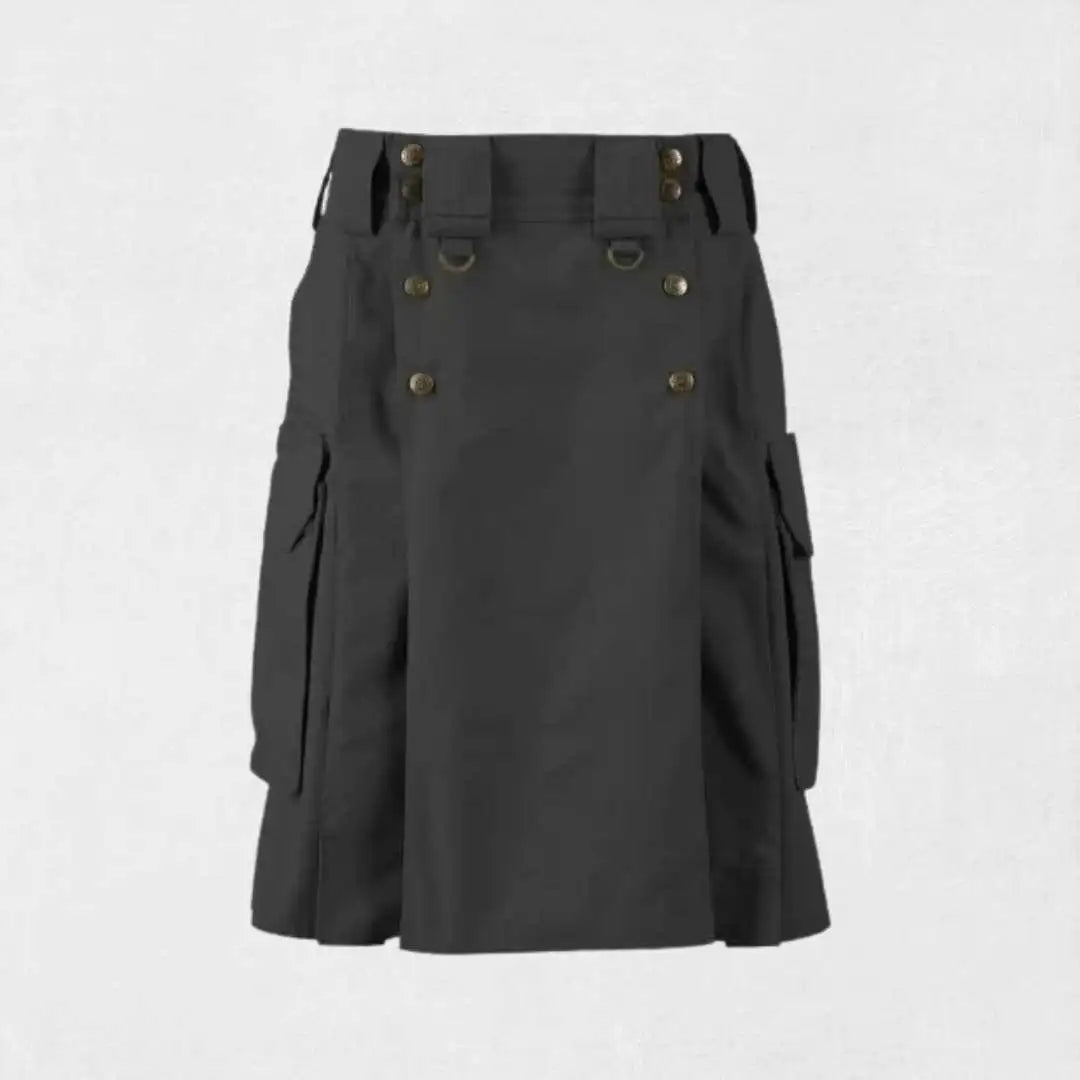 Black tactical duty utility kilt with cargo pockets and buckle straps
