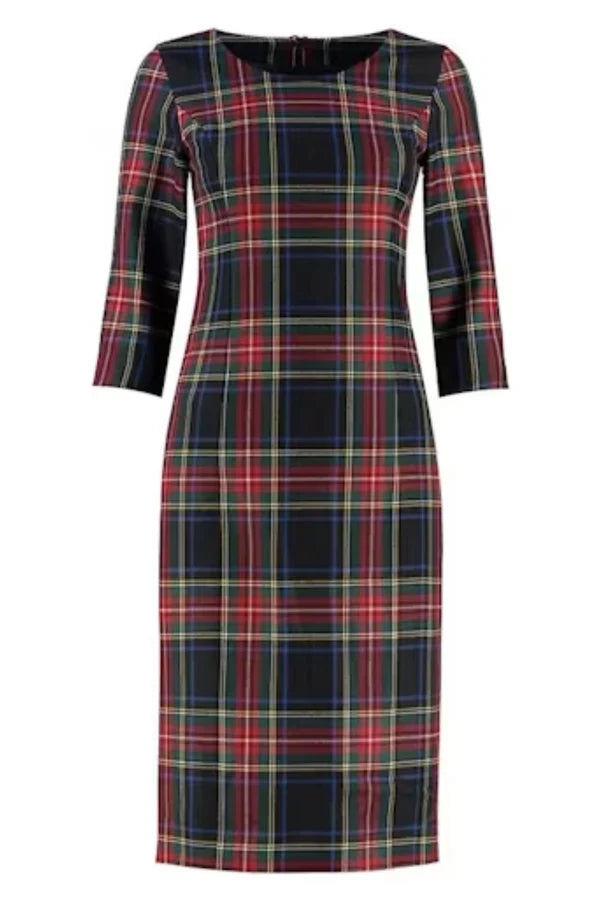 Tartan shift dress with elbow length sleeves for women, elegant office and casual wear