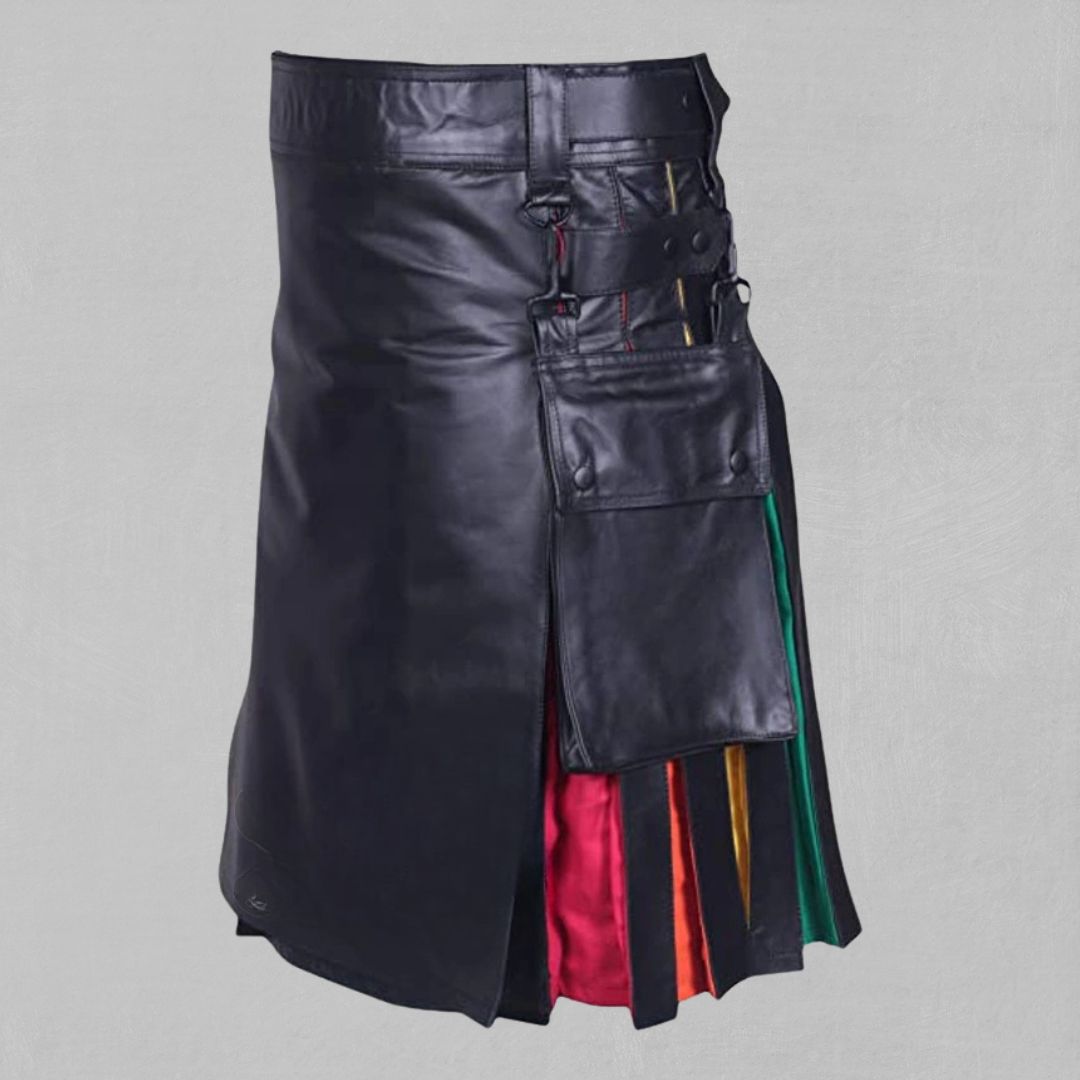 Front view of the custom-made traditional Scottish rainbow kilt with vibrant, colorful tartan design.