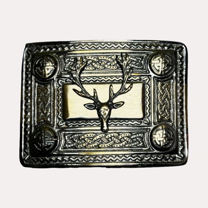 Antique Stag Head Buckle with detailed design for a unique kilt accessory