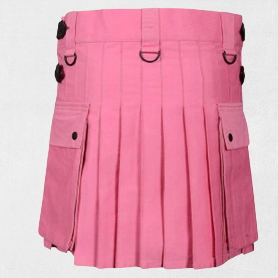 Back view of Traditional Scottish Pink Women Utility Kilt with functional pockets and adjustable waist straps.