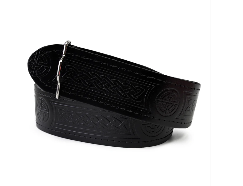 Kilt Belt | Black leather embossed with Celtic design