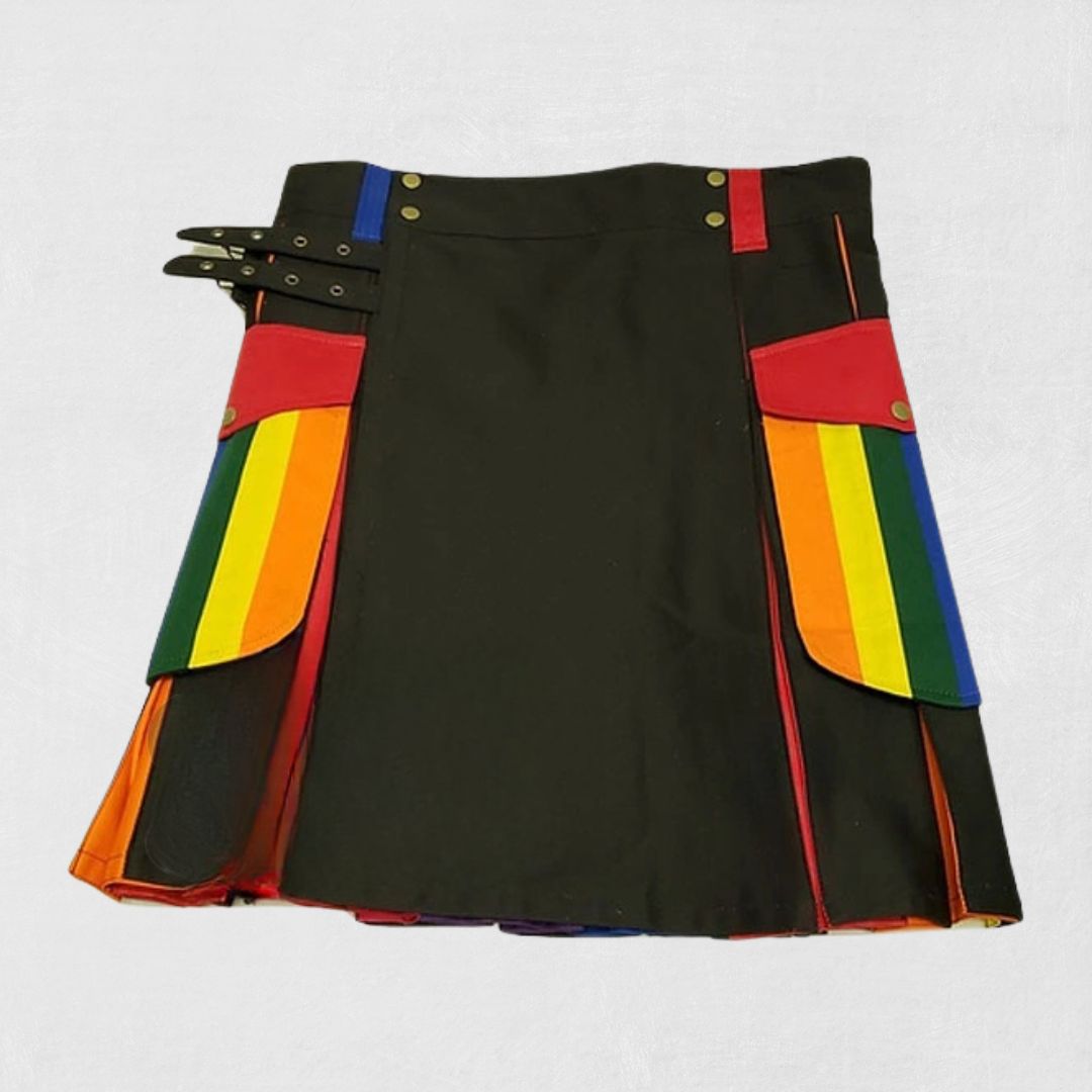 Front view of the custom-made traditional Scottish rainbow kilt with vibrant, colorful tartan design.