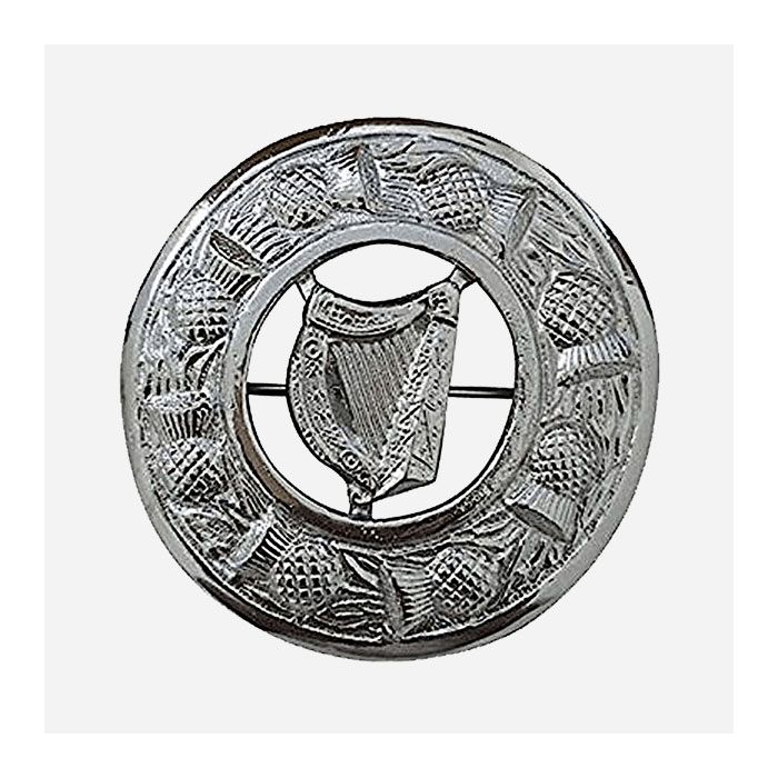 Irish harp kilt brooch with Celtic knot border in antique silver finish for traditional attire