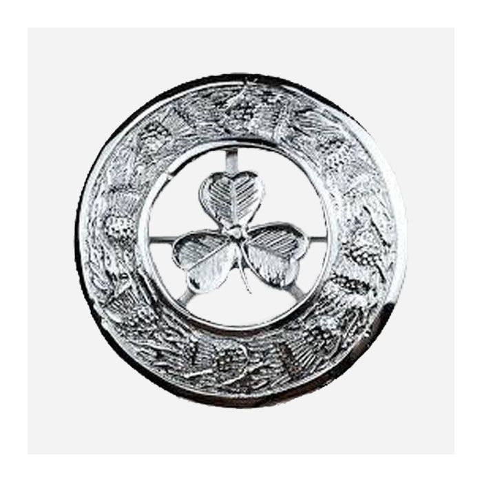 Irish Shamrock kilt brooch with Celtic knotwork border in antique pewter finish