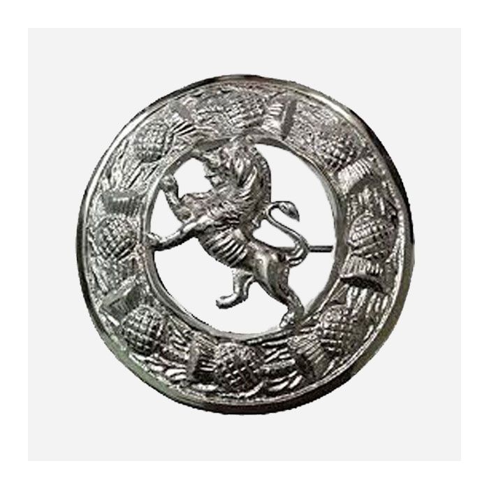 Rampant Lion kilt brooch with Celtic detailing in antique silver finish for Scottish Highland dress