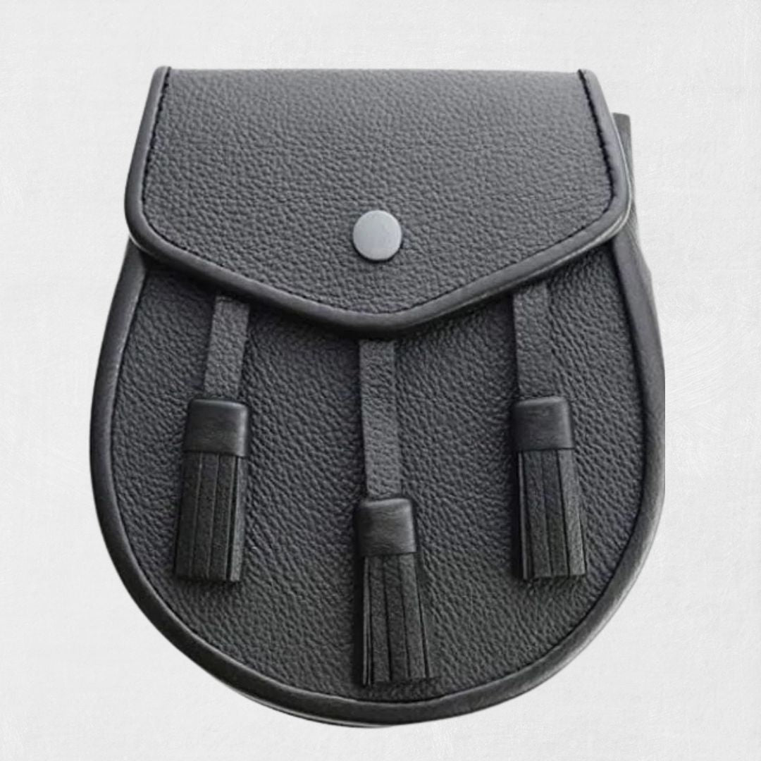 Scottish Black Three Tassel Leather Sporran for Kilt with free chain belt and classic design.