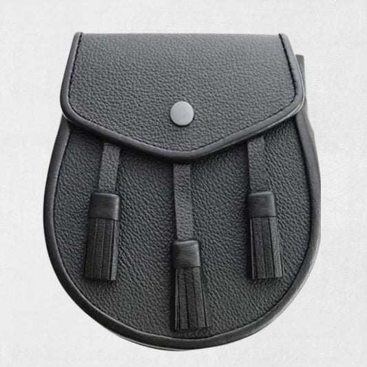 Scottish Black Three Tassel Leather Sporran for Kilt with free chain belt and classic design.