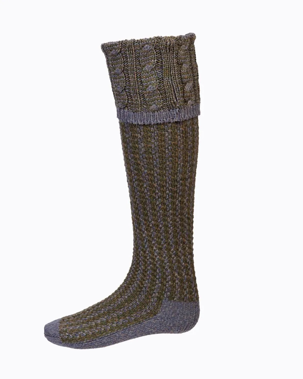 Traditional blue lovat kilt socks made from wool and cotton, perfect for weddings and events.