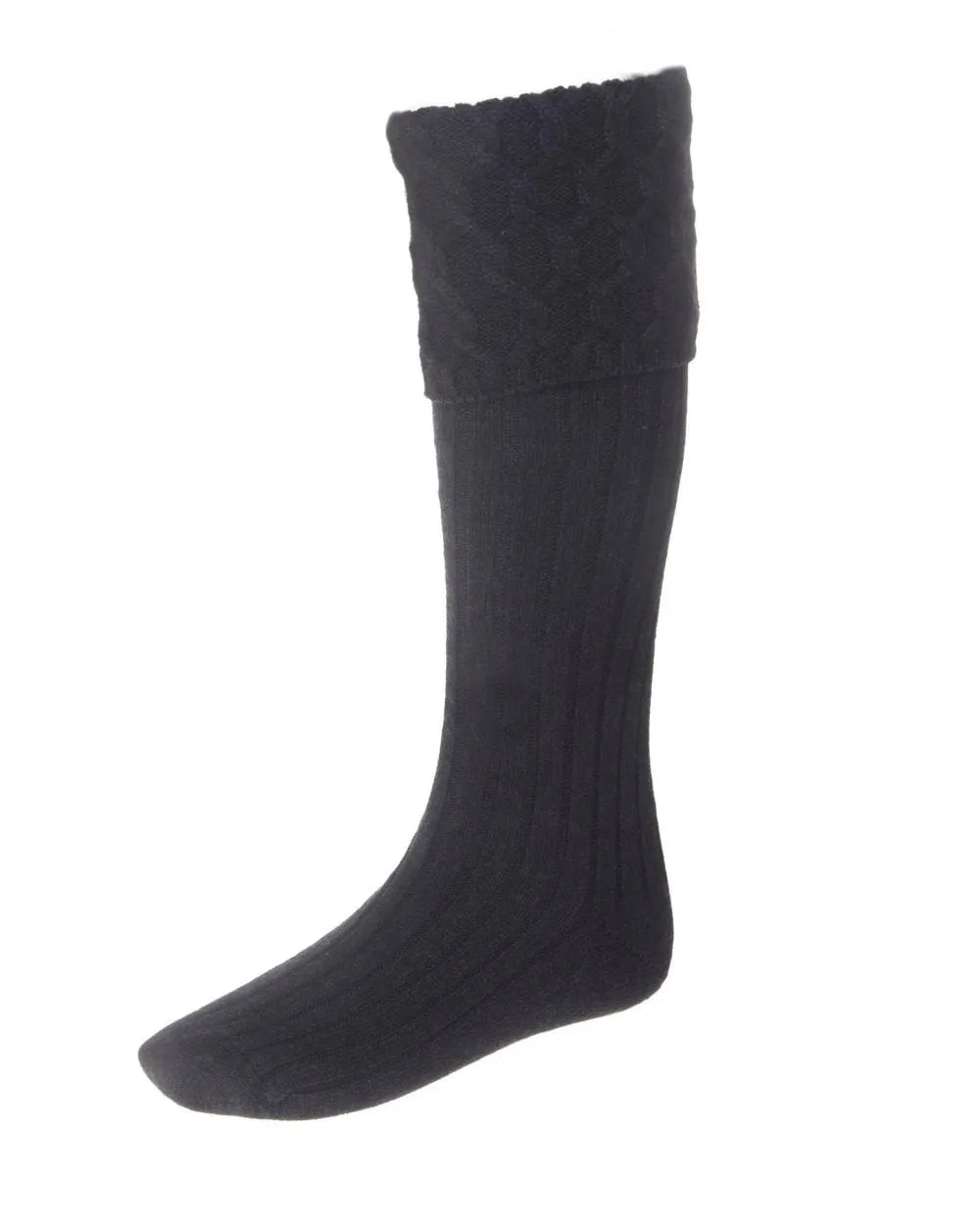 Traditional charcoal kilt socks made from wool and cotton, ideal for weddings and events.