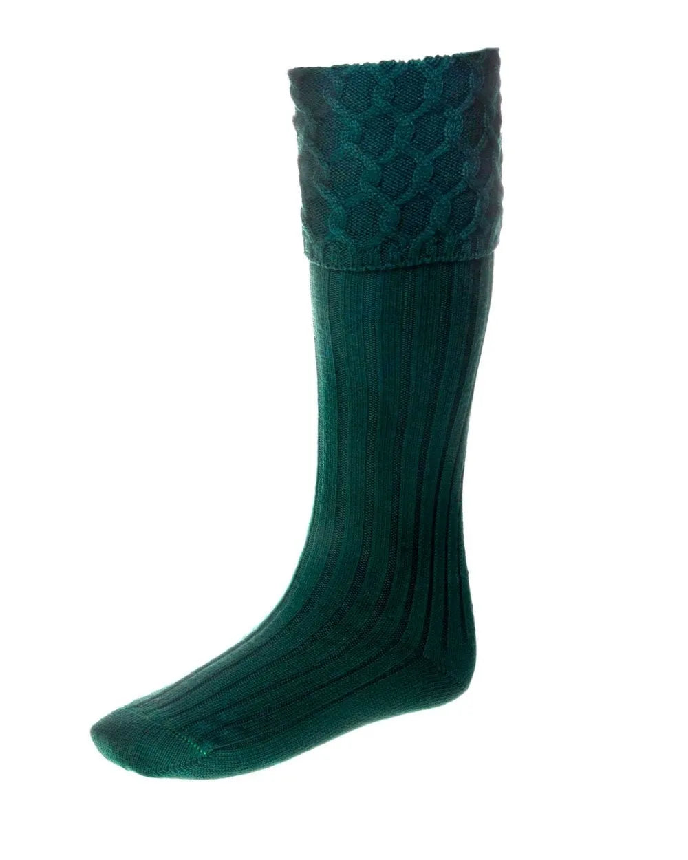 Traditional tartan green kilt socks made from wool and cotton, ideal for weddings and events.