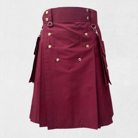 Front view of Premium Burgundy Utility Kilt with large pockets and adjustable straps
