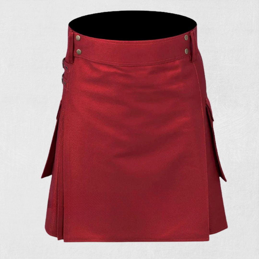 Front view of Hand Made Scottish Red Utility Kilt with large pockets and belt loops