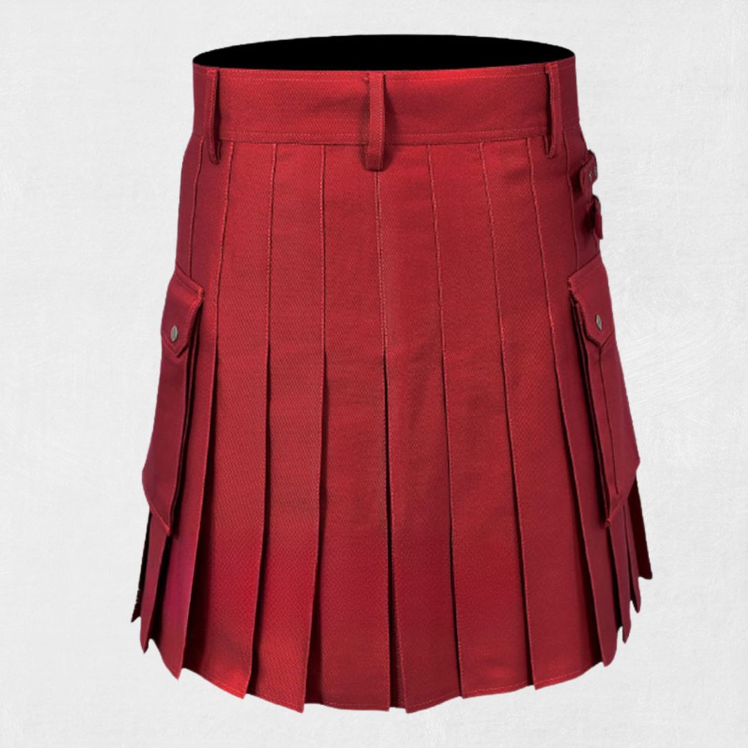 Back view of Hand Made Scottish Red Utility Kilt with large pockets and belt loops