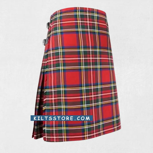 "8 Yard Royal Stewart Tartan Kilt in traditional Scottish style with premium wool fabric and adjustable fit"
