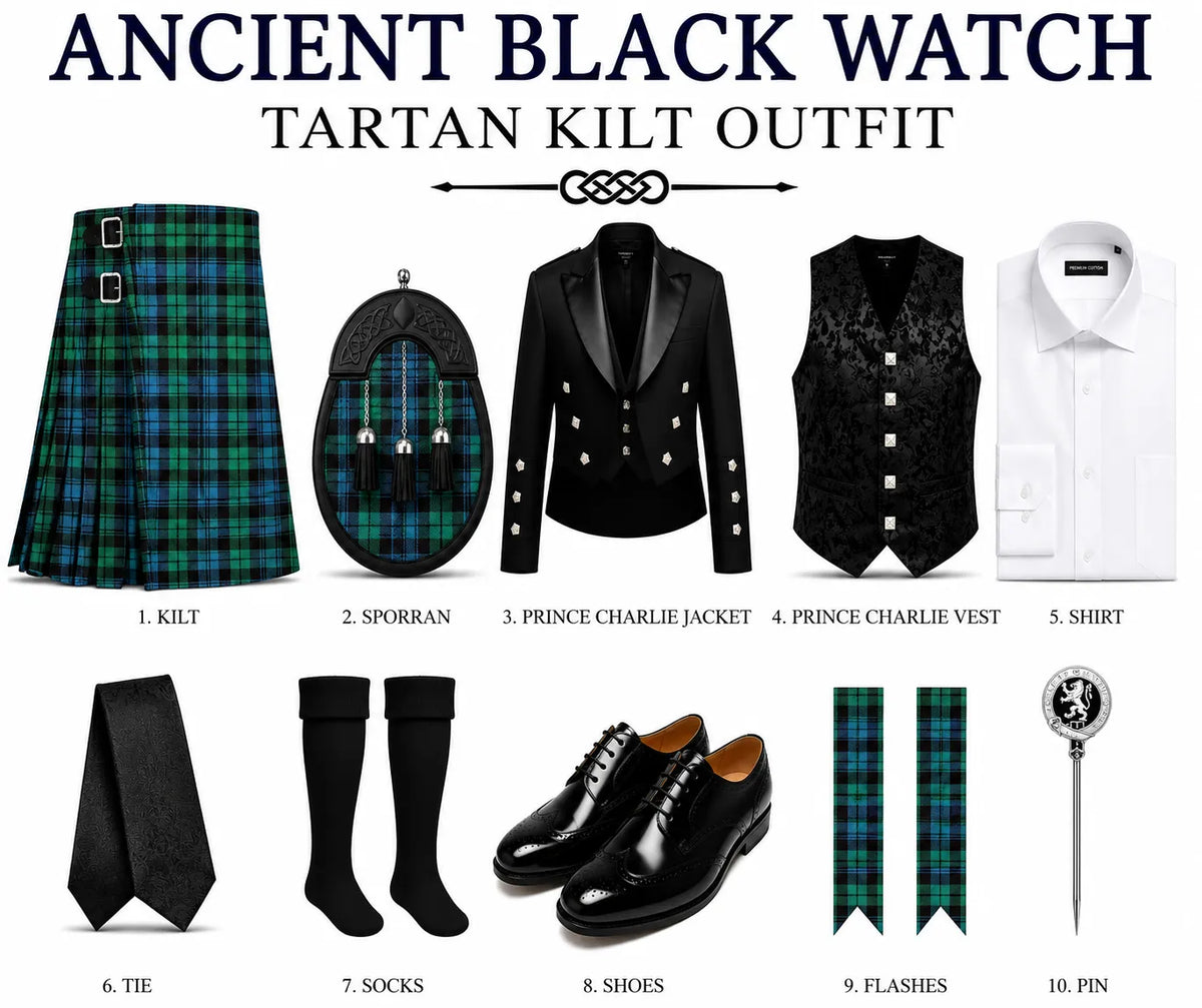 A product collage titled 'ANCIENT BLACK WATCH TARTAN KILT OUTFIT' showing multiple coordinated items: a tartan kilt, sporran, black jacket, black vest, white shirt, black tie, black socks, black shoes, two black tartan flags, and a pin, all arranged on a white background with numbered labels.