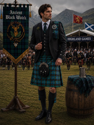 Ancient Black Watch Tartan Outfit With Prince Charlie Jacket featuring a traditional Scottish kilt and formal Highland accessories