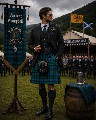 Ancient Campbell Tartan Outfit With Prince Charlie Jacket featuring a traditional Scottish kilt and formal Highland accessories