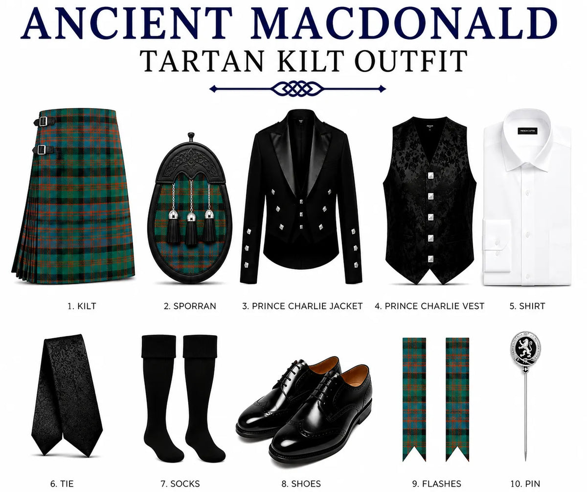 Ancient MacDonald Tartan Kilt Outfit collage showing multiple components: a tartan kilt, sporran, black jacket and vest, white shirt, black tie, black socks, black shoes, and accessories, arranged on a white background with the title 'ANCIENT MACDONALD TARTAN KILT OUTFIT' at the top.