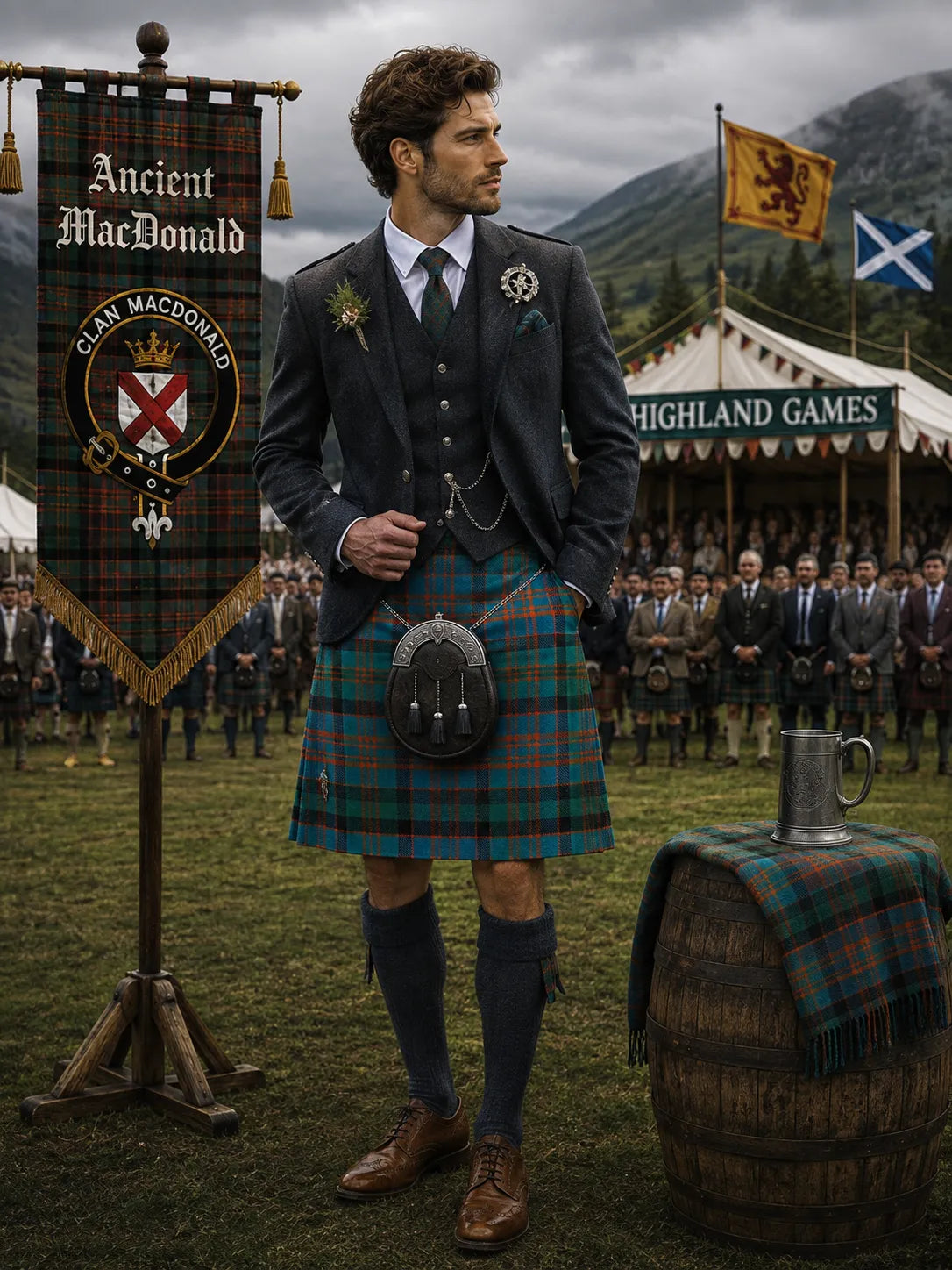Ancient MacDonald Tartan Outfit With Prince Charlie Jacket featuring a traditional Scottish kilt and formal Highland accessories