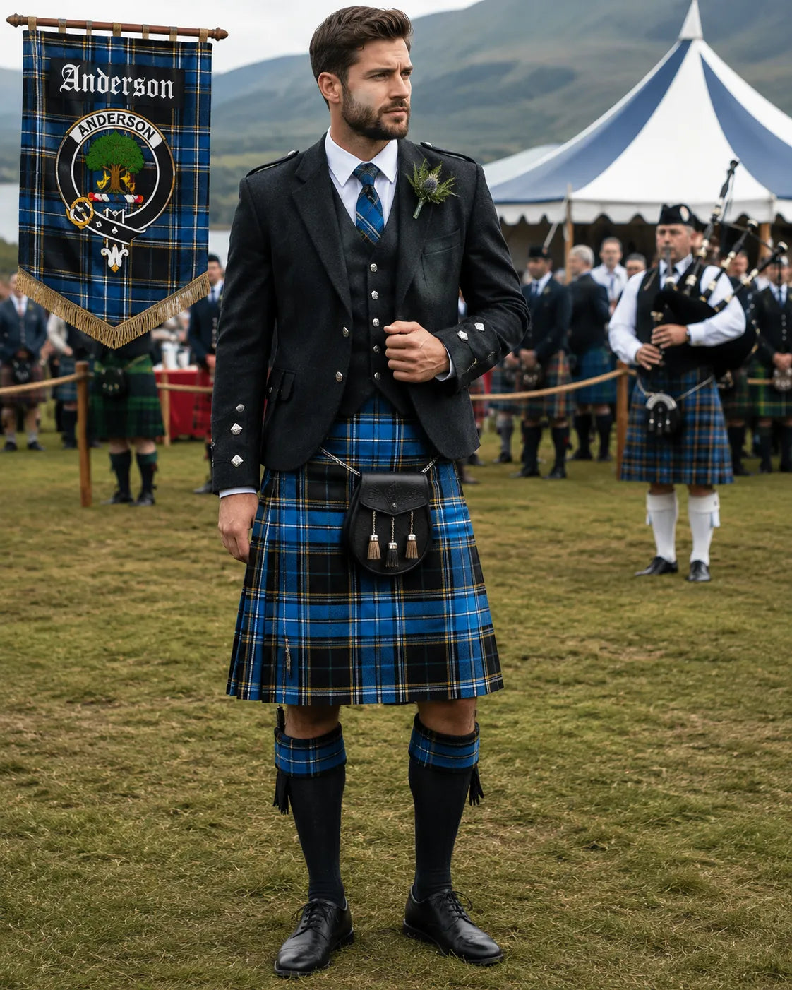 Anderson Tartan Outfit featuring a traditional Scottish kilt with coordinated Highland clothing and accessories