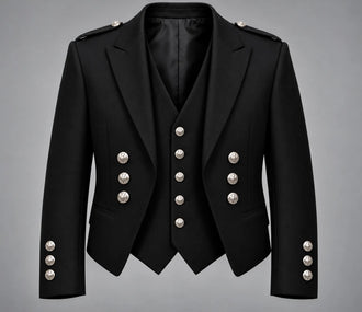 Argyle Jacket with matching vest featuring traditional Celtic buttons and tailored Scottish Highland formal styling
