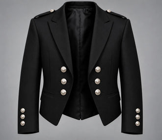 Argyle Jacket featuring notch lapels, Celtic buttons, and traditional gauntlet cuffs for Scottish Highland formal wear