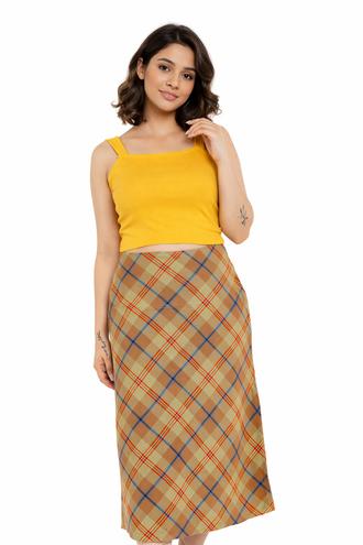 Beige plaid midi skirt for women, high-waist elegant style for office and casual wear