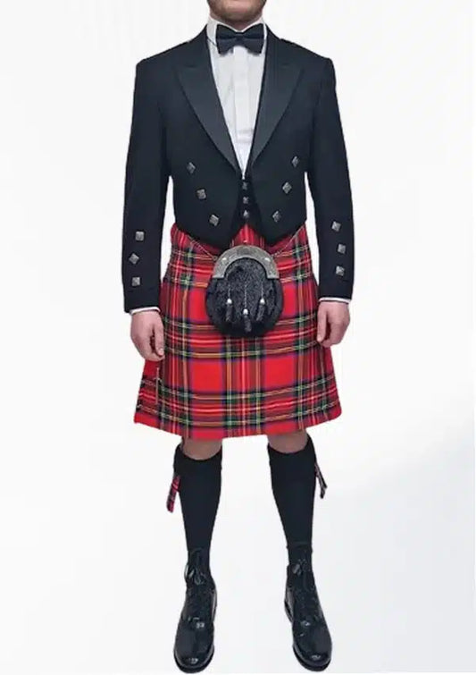 Front view of the Black Argyle Kilt Outfit for Men, showcasing the elegant black argyle pattern on the jacket and kilt, designed for a sharp, sophisticated look.