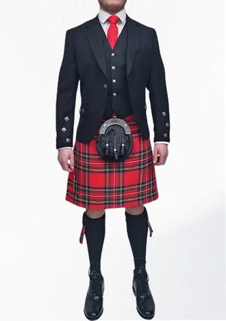 Front view of the Black Argyle Kilt Outfit for Sale, showcasing the elegant black argyle pattern on the jacket and kilt, designed for a sophisticated, classic look.