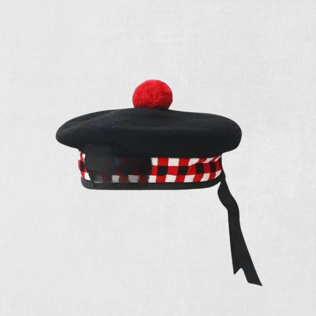 Front view of Black Scottish Balmoral Hat with classic pom-pom top