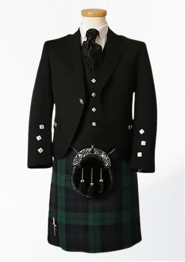 Front view of the Black Watch Tartan Utility Kilt Outfit, showcasing the deep green and navy plaid pattern of the kilt, with functional pockets and a stylish utility jacket.