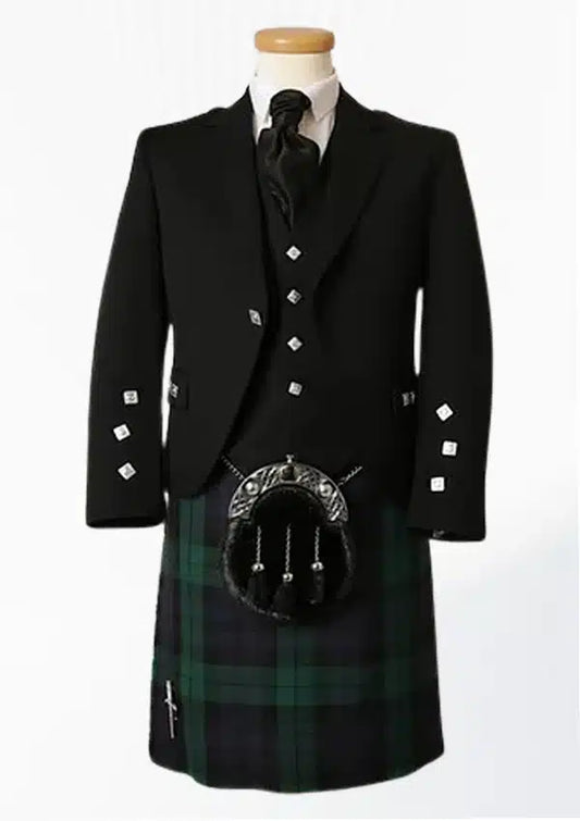 Front view of the Black Watch Tartan Utility Kilt Outfit, showcasing the deep green and navy plaid pattern of the kilt, with functional pockets and a stylish utility jacket.