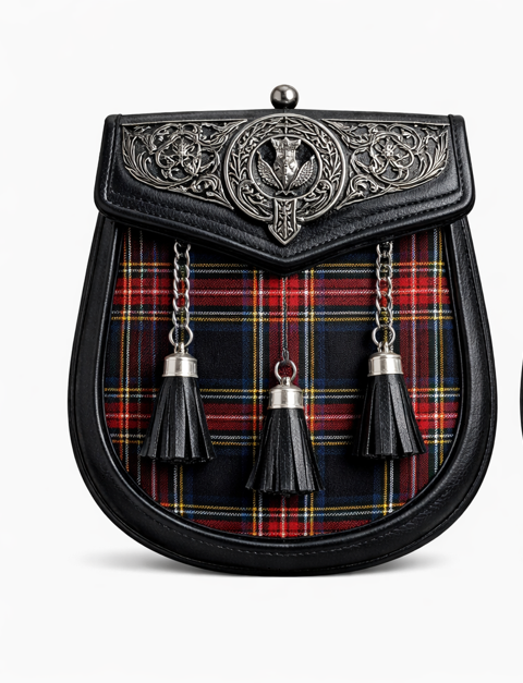 Black Stewart tartan sporran with traditional tassels and leather backing for Scottish kilts