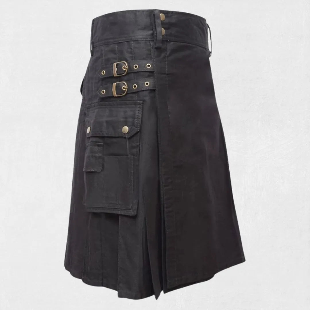 "Black Utility Kilt with adjustable straps and brass snaps, featuring utility pockets for functionality"
