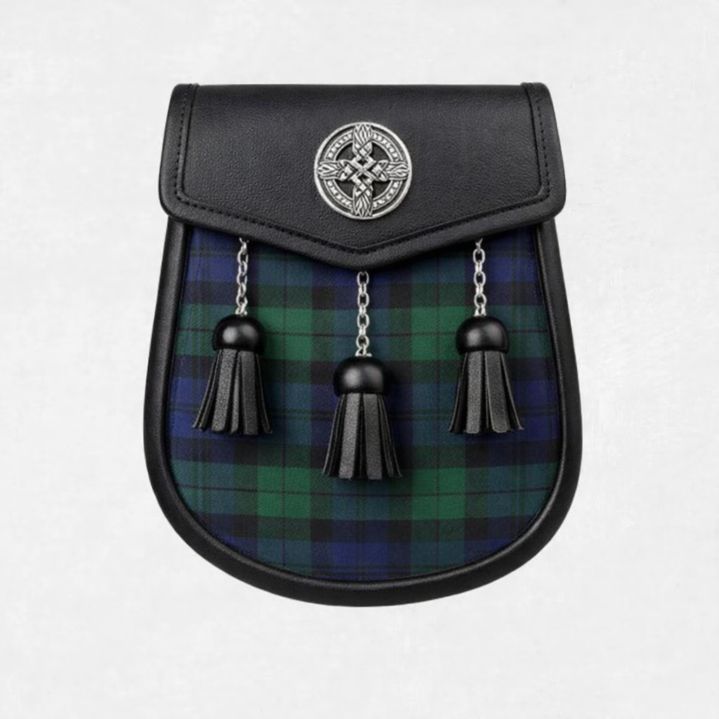 Black Watch tartan sporran custom made with traditional tassels and leather backing