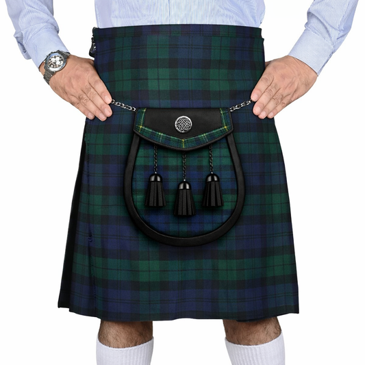 Black Watch tartan sporran with classic tassels and leather backing for Highland kilts
