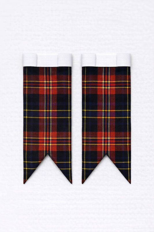 Black Stewart tartan flashes worn with traditional Scottish kilt hose for Highland dress