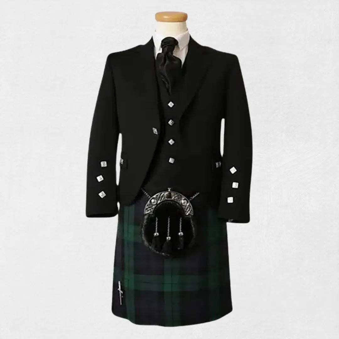 Traditional Scottish kilt with black jacket on a mannequin against a white background