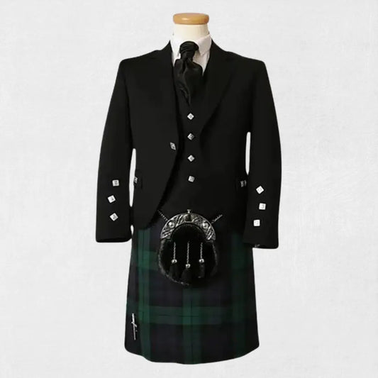 Traditional Scottish kilt with black jacket on a mannequin against a white background