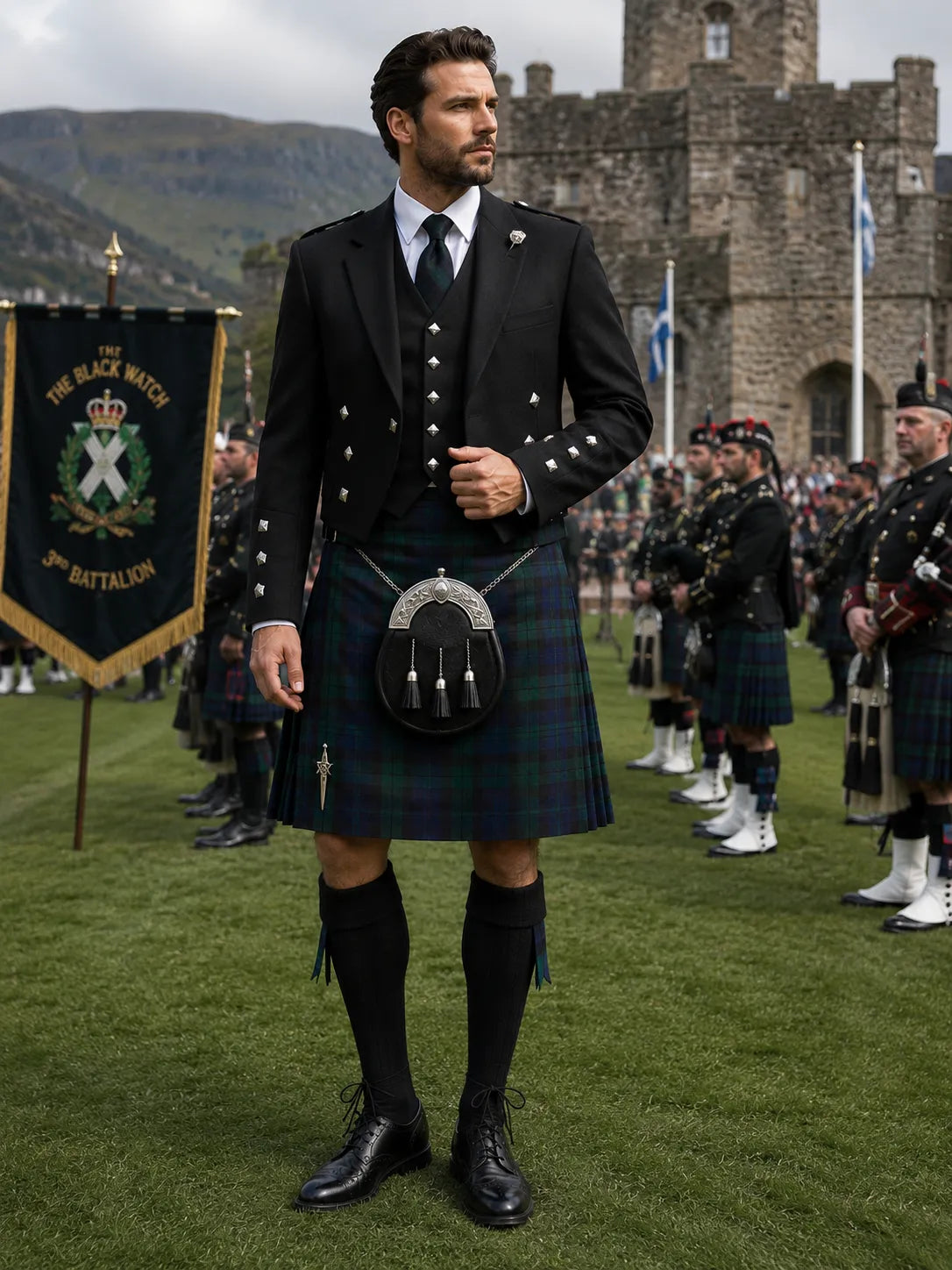 Complete Black Watch Tartan Outfit featuring a traditional Scottish kilt and coordinated Highland accessories