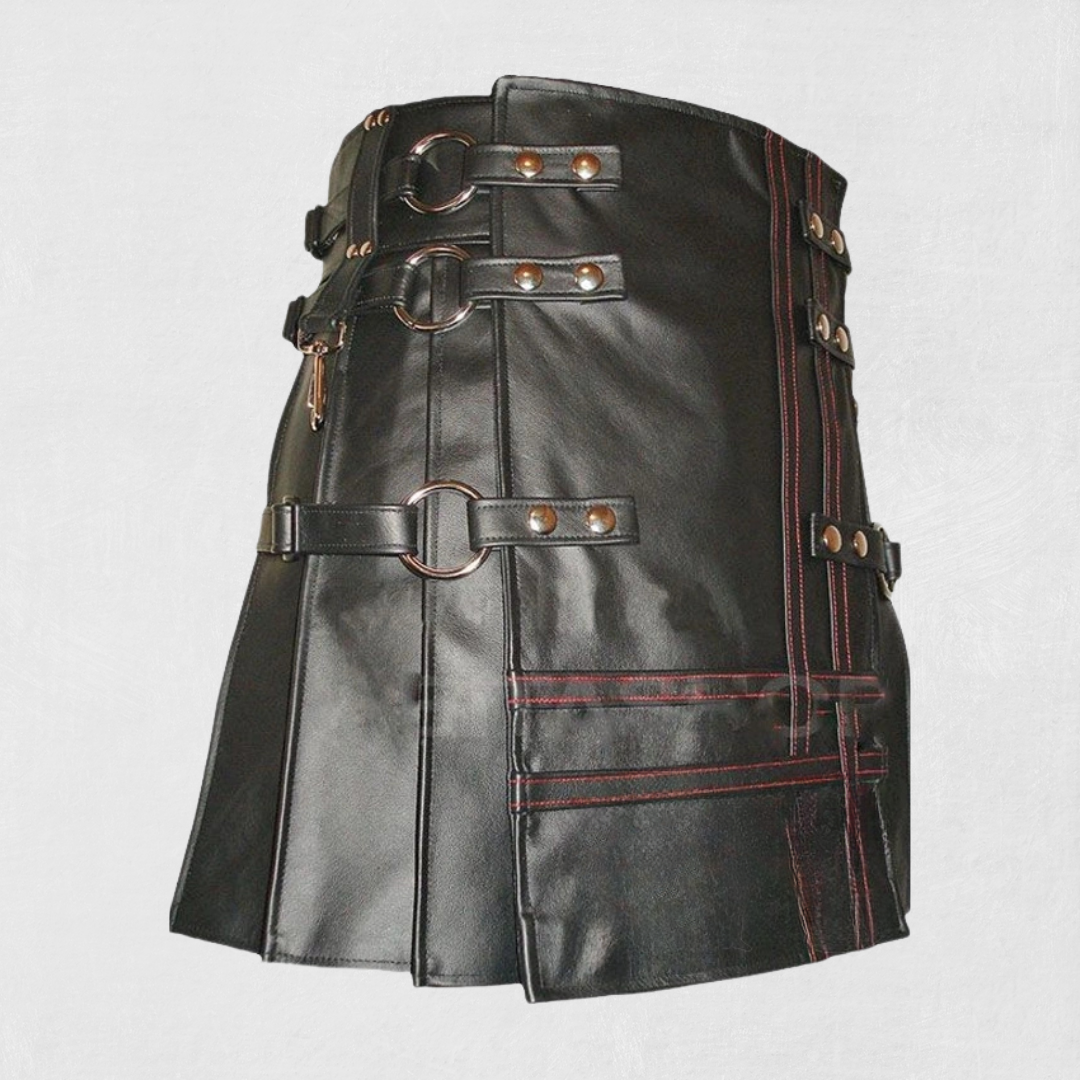 Black leather kilt with metal buckles on a light gray background