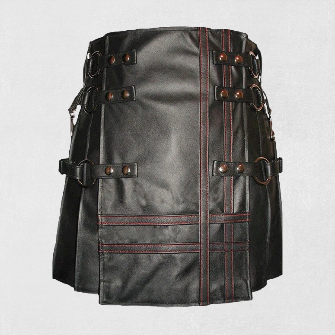 Black leather kilt with red stitching on a white background
