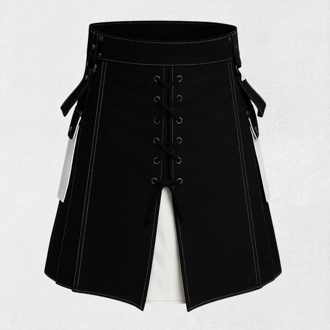 Handmade Black and White Hybrid Kilt with tartan pleats and utility pockets