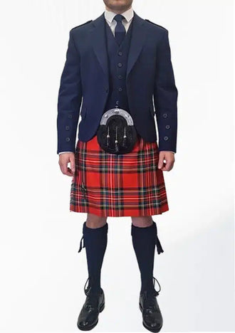Front view of the Blue Argyle Wedding Kilt Outfit for Sale, showcasing the elegant blue argyle pattern, matching kilt, and tailored vest, perfect for a wedding day.