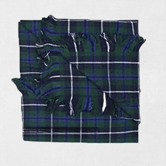 Blue Douglas tartan fly plaid draped over shoulder as part of formal Highland outfit