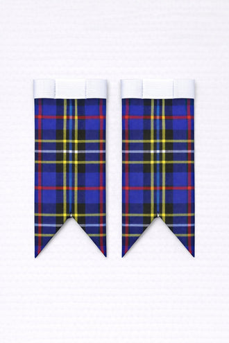 Blue modern tartan flashes worn with traditional Scottish kilt hose for Highland dress